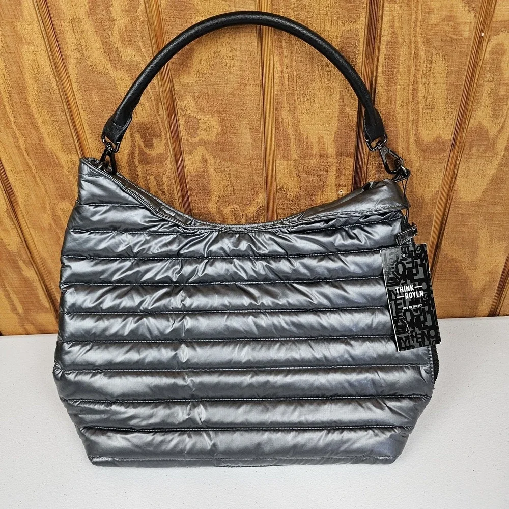 Think Royln Women's The Beverly Gray Puffer Hobo Bag w/ Shoulder Strap